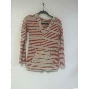 ROXY Cotton Red Ivory Stripe Hooded Pocket V-Neck Long Sleeve Sweater XS